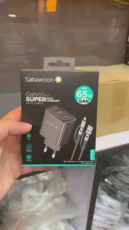 Sabawoon 65W GaN A+C Super Fast Charger with Cable this charger delivers safe stable and powerful charging with Cable
