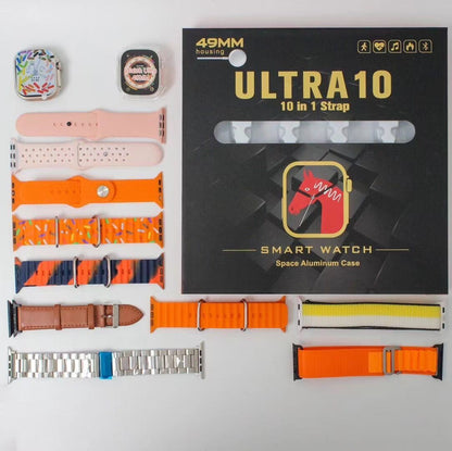 Ultra 10 Smart Watch | 10 in 1 Straps+Jelly Case | BT Calling | Super HD Display 49mm | Multi color straps & wireless charging (Random color)