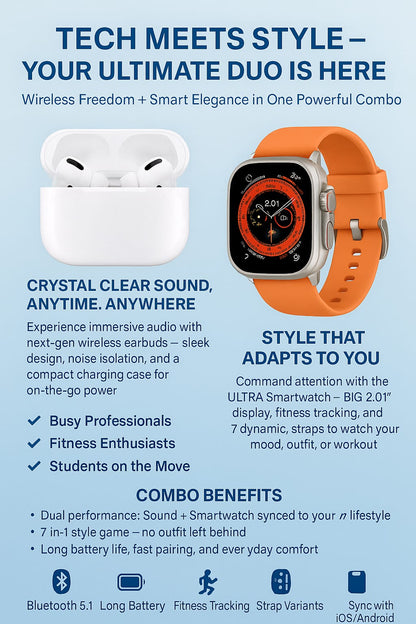 AirPods Pro 2 + Ultra 7-in-1 Smartwatch Combo | Premium Sound &amp; Style Deal